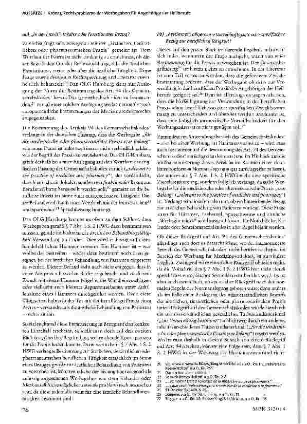 Vorschauseite 4: Rechtsprobleme der Werbegaben für Angehörige der Heilberufe -zugleich eine Anmerkung zum Urteil des OLG Hamburg vom 20. März 2014, Az. 3 U 96/14