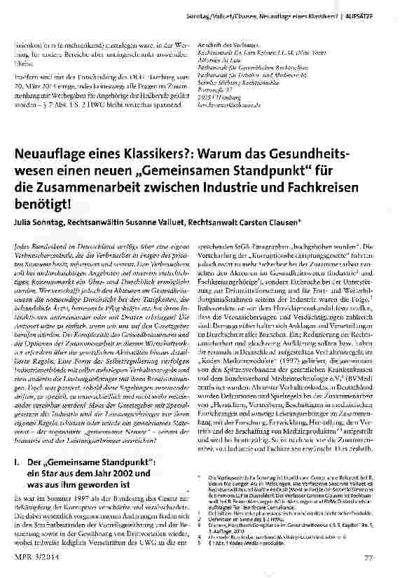 Vorschauseite 5: Rechtsprobleme der Werbegaben für Angehörige der Heilberufe -zugleich eine Anmerkung zum Urteil des OLG Hamburg vom 20. März 2014, Az. 3 U 96/14