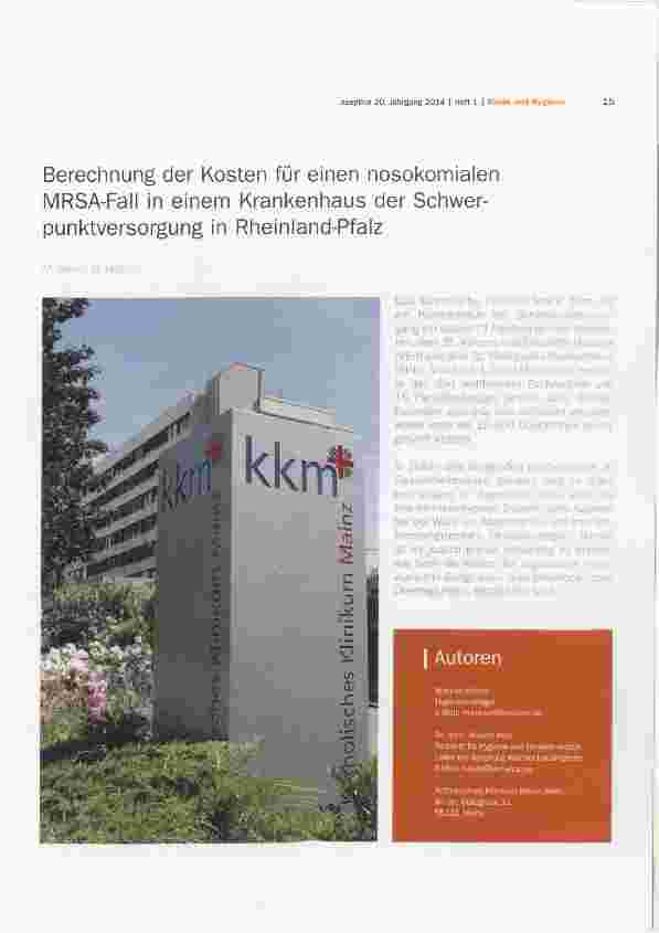 Vorschauseite 1: Berechnung der Kosten für einen nosokomialen MRSA-Fall in einem Krankenhaus der Schwerpunktversorgung in Rheinland-Pfalz