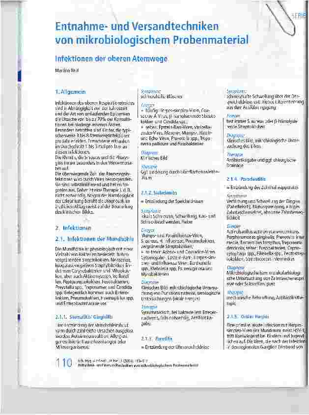 Vorschauseite 1: Entnahmeund Versandtechniken von mikrobiologischem ProbenmaterialInfektionen der oberen Atemwege