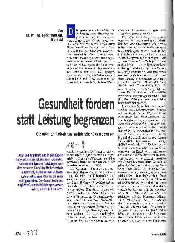 Vorschauseite 1: Gesundheit fördern statt Leistung begrenzen Gedanken zur Rationierung medizinischer Dienstleistungen