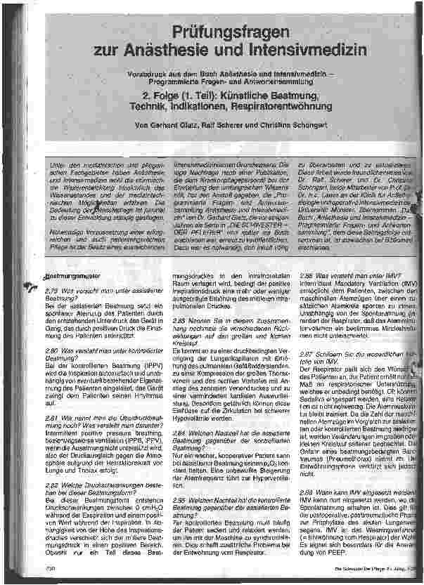 Vorschauseite 1: Prüfungsfragen zur Anästhesie und Intensivmedizin 2.Folge, 1.Teil: Künstliche Beatmung, Technik, Indikationen, Respirationsentwöhnung