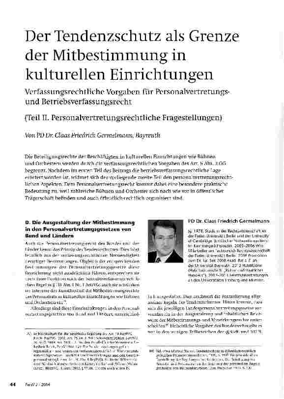 Vorschauseite 1: Der Tendenzschutz als Grenze der Mitbestimmung in kulturellen Einrichtungen