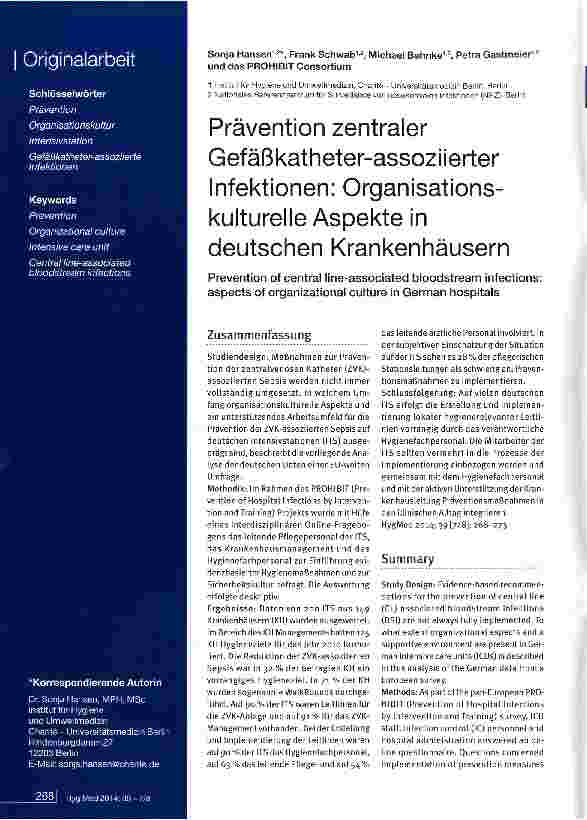 Vorschauseite 1: Prävention zentraler Gefäßkatheter-assoziierter Infektionen: Organisations-kulturelle Aspekte in deutschen Krankenhäusern
