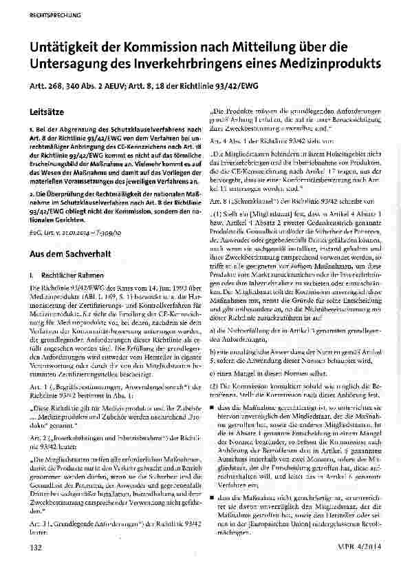 Vorschauseite 1: Untätigkeit der Kommission nach Mitteilung über die Untersagung des Inverkehrbringens eines Medizinprodukts Artt. 268, 340 Abs. 2 AEUV; Artt. 8, 18 der Richtlinie 93/42/EWG
