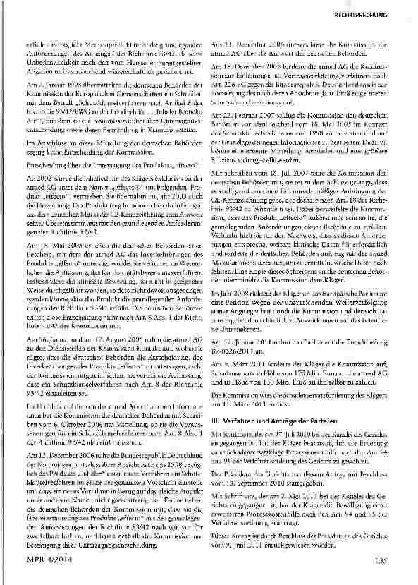 Vorschauseite 4: Untätigkeit der Kommission nach Mitteilung über die Untersagung des Inverkehrbringens eines Medizinprodukts Artt. 268, 340 Abs. 2 AEUV; Artt. 8, 18 der Richtlinie 93/42/EWG