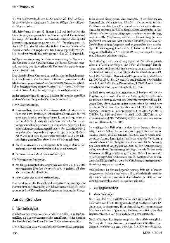 Vorschauseite 5: Untätigkeit der Kommission nach Mitteilung über die Untersagung des Inverkehrbringens eines Medizinprodukts Artt. 268, 340 Abs. 2 AEUV; Artt. 8, 18 der Richtlinie 93/42/EWG
