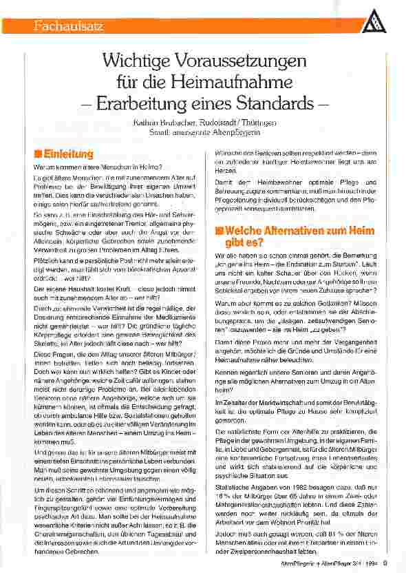 Vorschauseite 1: Wichtige Voraussetzungen für die Heimaufnahme Erarbeitung eines Standards -