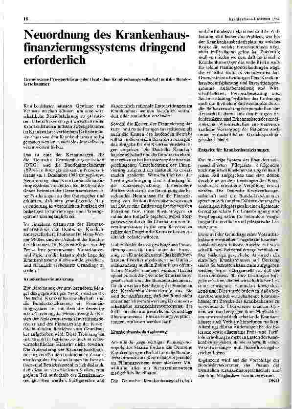 Vorschauseite 1: Neuordnung des Krankenhausfinanzierungssystems dringend erforderlich