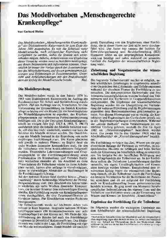 Vorschauseite 1: Das Modellvorhaben Menschengerechte Krankenpflege
