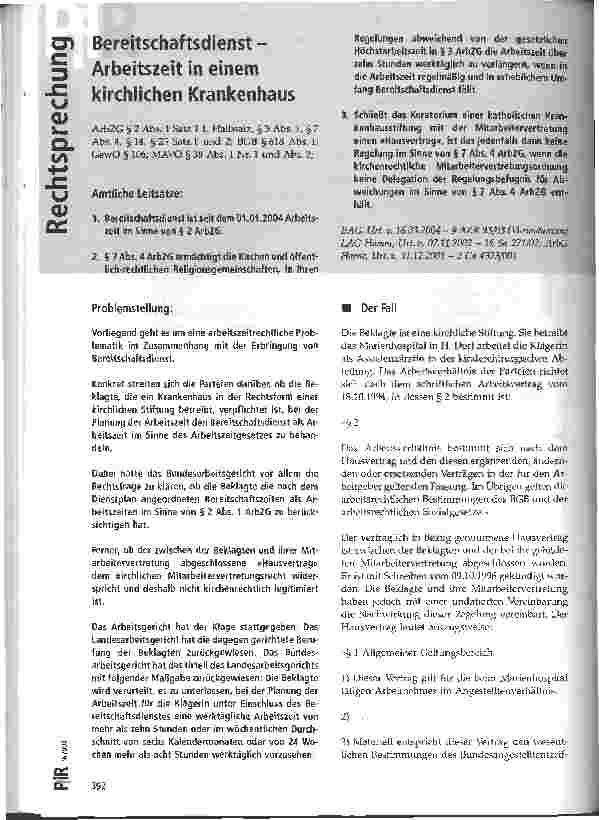 Vorschauseite 1: Bereitschaftsdienst -Arbeitszeit in einem kirchlichen Krankenhaus