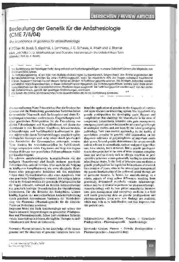 Vorschauseite 1: Bedeutung der Genetik für die Anästhesiologie (CME 7/8/04)