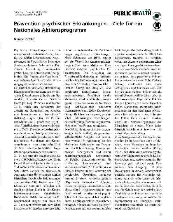 Vorschauseite 1: Prävention psychischer Erkrankungen - Ziele für ein Nationales Aktionsprogramm