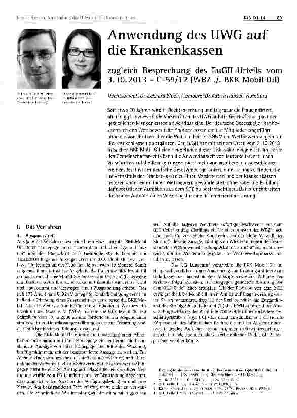 Vorschauseite 1: Anwendung des UWG auf die Krankenkassen