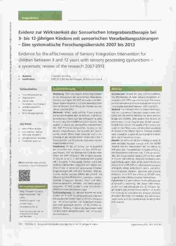 Vorschauseite 1: Evidenz zur Wirksamkeit der Sensorischen Integrationstherapie bei 3- bis 12-jährigen Kindern mit sensorischen Verarbeitungsstörungen Eine systematische Forschungsübersicht 2007 bi…
