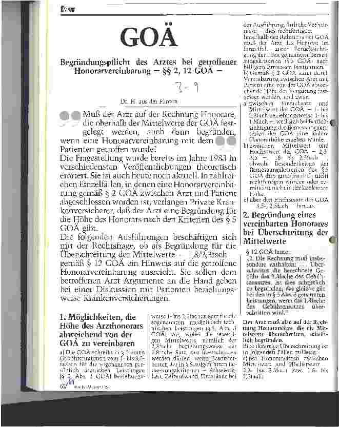 Vorschauseite 1: GOÄ Begründungspflicht des Arztes bei getroffener Honorarvereinbarung