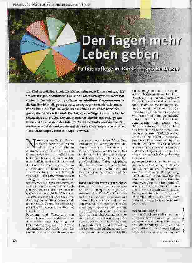 Vorschauseite 1: Den Tagen mehr Leben gebenPalliativpflege im Kinderhospiz Balthasar