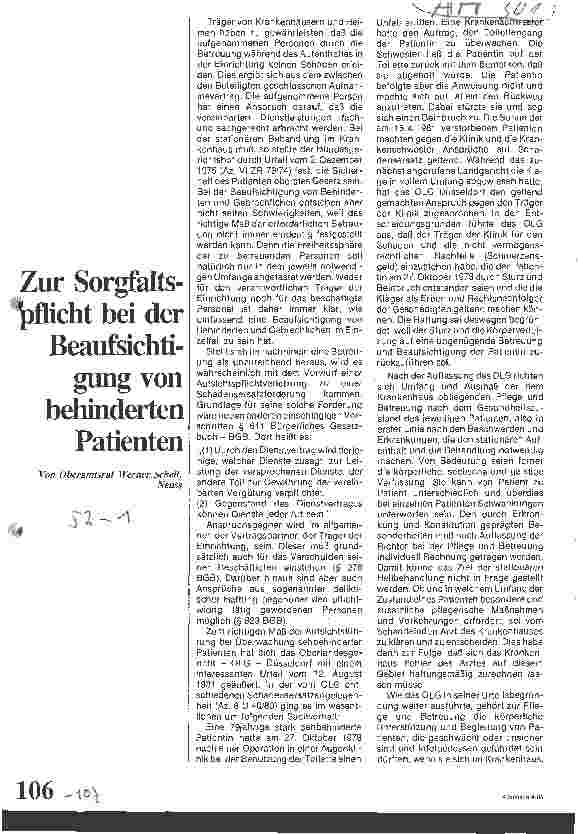 Vorschauseite 1: Zur Sorgfaltspflicht bei der Beaufsichtigung von behinderten Patienten