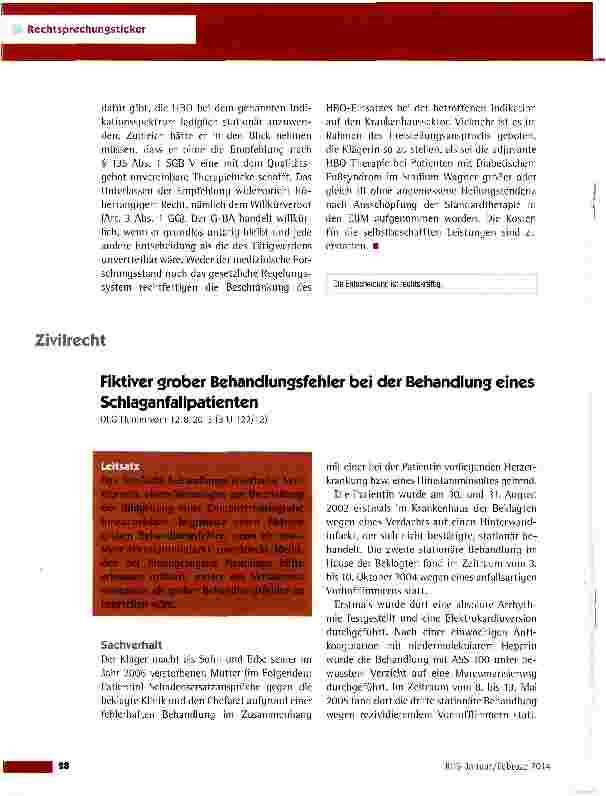 Vorschauseite 1: Fiktiver grober Behandlungsfehler bei der Behandlung eines SchlaganfallpatientenOLG Hamm vom 12.8.2013 (3 U 122/12)