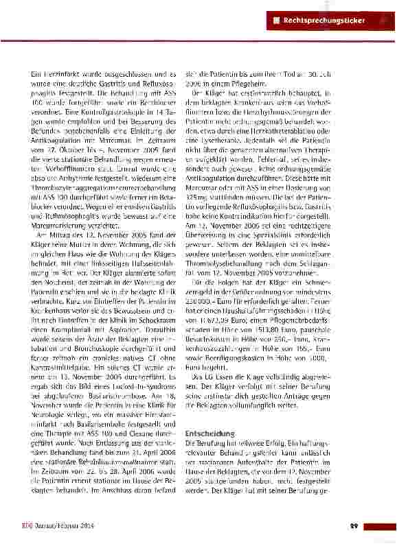 Vorschauseite 2: Fiktiver grober Behandlungsfehler bei der Behandlung eines SchlaganfallpatientenOLG Hamm vom 12.8.2013 (3 U 122/12)