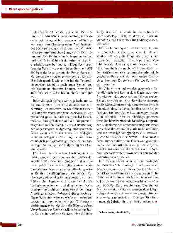Vorschauseite 3: Fiktiver grober Behandlungsfehler bei der Behandlung eines SchlaganfallpatientenOLG Hamm vom 12.8.2013 (3 U 122/12)