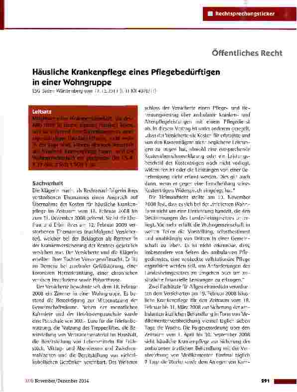 Vorschauseite 1: Häusliche Krankenpflege eines Pflegebedürftigen in einer Wohngruppe LSG Baden-Württemberg vom 17.12.2013 (L 11 KR 4070/11)