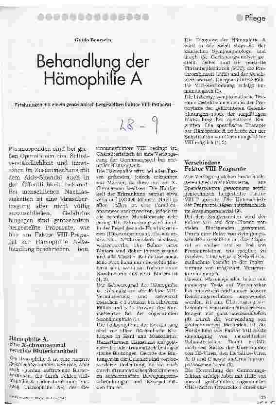 Vorschauseite 1: Behandlung der Hämophilie A Erfahrungen mit einem gentechnisch hergestellten Faktor VIII-Präparat