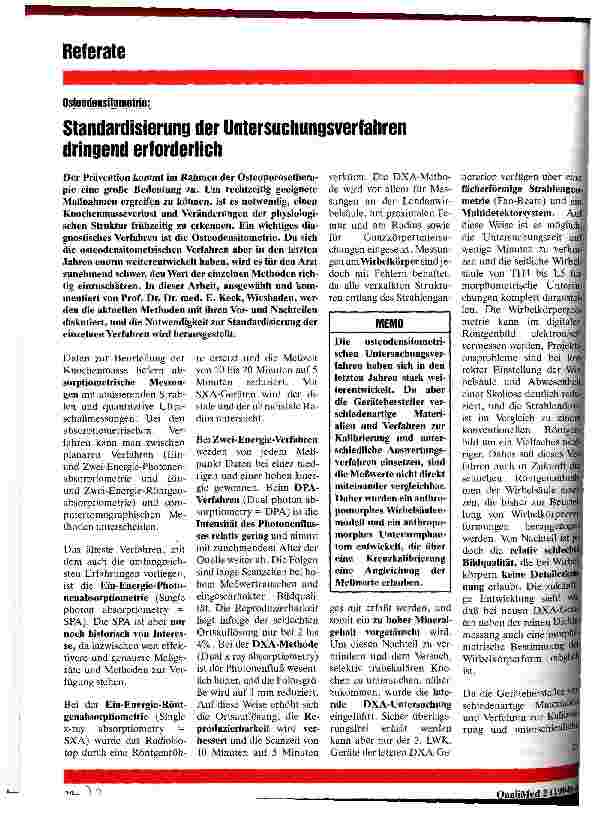 Vorschauseite 1: Standardisierung der Untersuchungsverfahren dringend erforderlich Osteodensitometrie