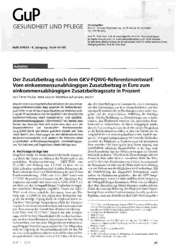 Vorschauseite 1: Der Zusatzbeitrag nach dem GKV-FQWG-Referentenentwurf: Vom einkommensunabhängigen Zusatzbeitrag in Euro zum einkommensabhängigen Zusatzbeitragssatz in Prozent