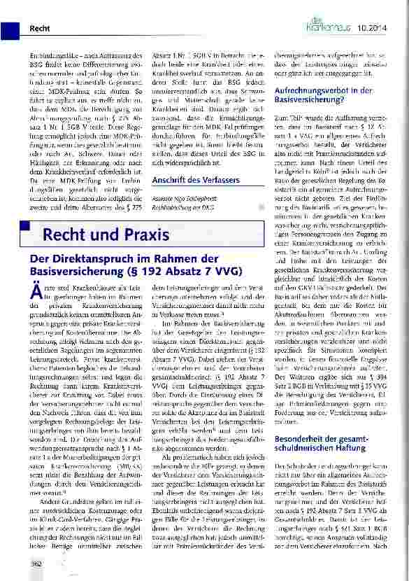 Vorschauseite 1: Der Direktanspruch im Rahmen der Basisversicherung (§ 192 Absatz 7 VVG)