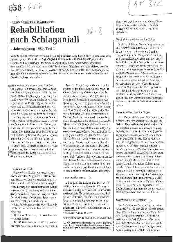 Vorschauseite 1: Rehabilitation nach Schlaganfall Jahrestagung 1984, Teil 1