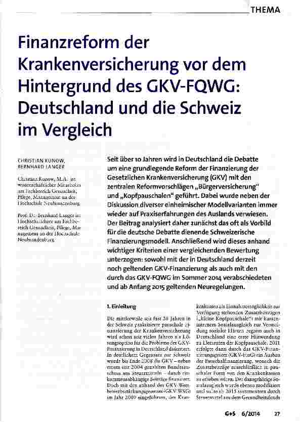 Vorschauseite 1: Finanzreform der Krankenversicherung vor dem Hintergrund des GKV-FQWG: Deutschland und die Schweiz im Vergleich
