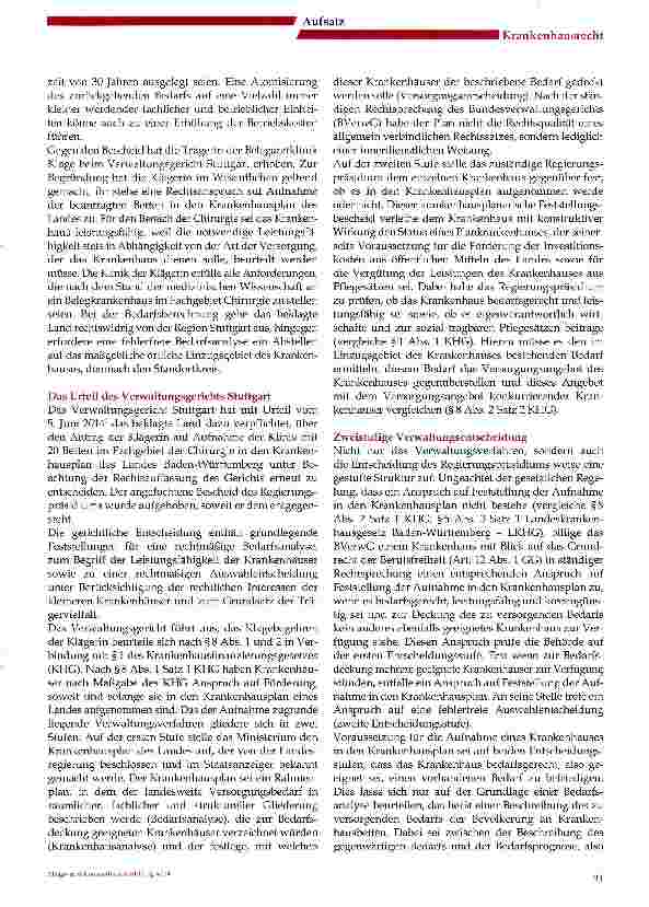 Vorschauseite 2: Krankenhausplanung: Leitplanken einer rechtmäßigen Behördenentscheidung - Urteil des VG Stuttgart vom 5. Juni 2014 (4 K 2856/13)