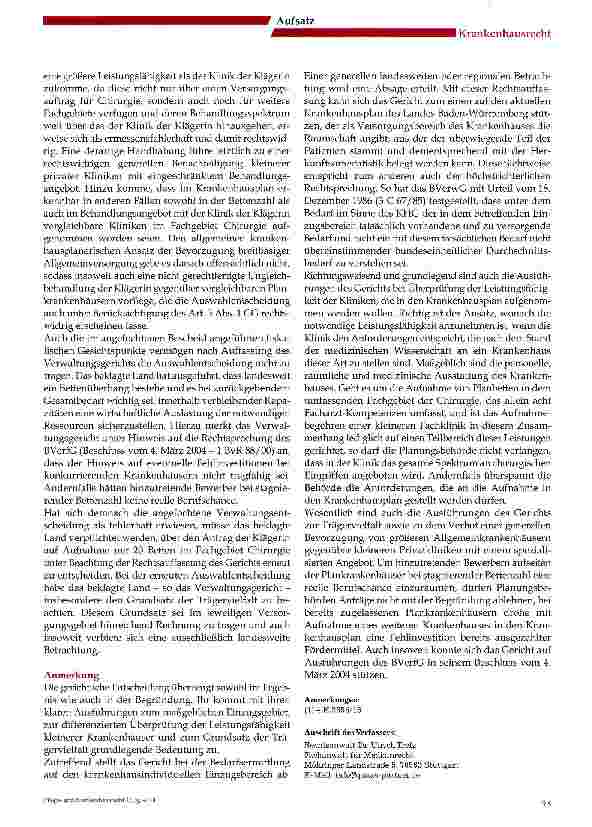 Vorschauseite 4: Krankenhausplanung: Leitplanken einer rechtmäßigen Behördenentscheidung - Urteil des VG Stuttgart vom 5. Juni 2014 (4 K 2856/13)