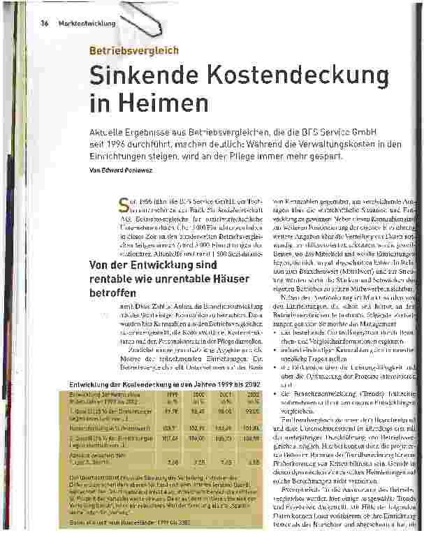 Vorschauseite 1: Sinkende Kostendeckung in HeimenBetriebsvergleich