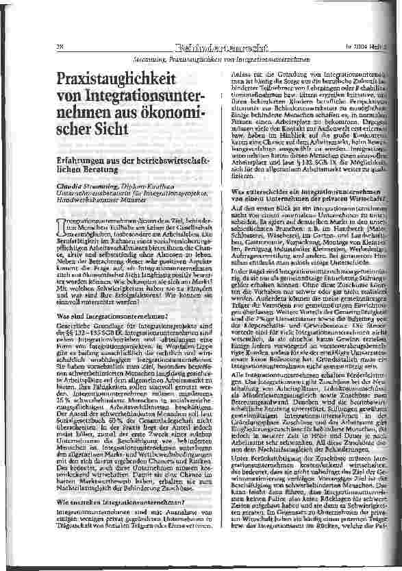 Vorschauseite 1: Praxistauglichkeit von Integrationsunternehmen aus ökonomischer SichtErfahrungen aus der betriebswirtschaftlichen Beratung