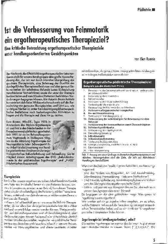 Vorschauseite 1: Ist die Verbesserung von Feinmotorik ein ergotherapeutisches Therapieziel?Eine kritische Betrachtung ergotherapeutischer Therapieziele unter handlungsorientierten Gesichtspunkten