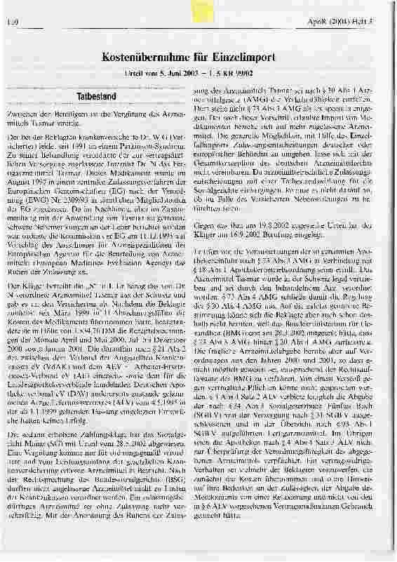 Vorschauseite 1: Kostenübernahme für EinzelimportUrteil vom 5. Juni 2003 - L 5 KR 99/02