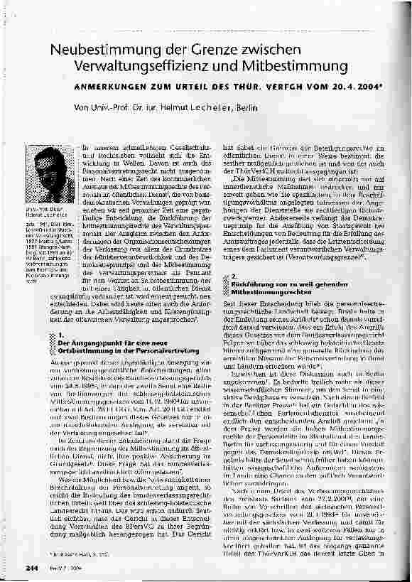 Vorschauseite 1: Neubestimmung der Grenze zwischenVerwaltungseffizienz und MitbestimmungANMERKUNGEN ZUM URTEIL DES THÜR. VERFCH VOM 20.4.2004