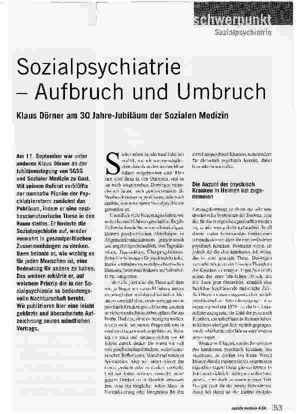Vorschauseite 1: Sozialpsychiatrie -Aufbruch und UmbruchKlaus Dörner am 30 Jahre-Jubiläum der Sozialen Medizin