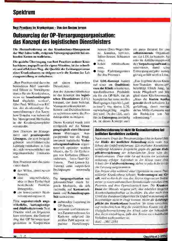 Vorschauseite 1: Outsourcing der OP-Versorgungsorganisation: das Konzept des logistischen Dienstleisters Best Practices im Krankenhaus - Von den Besten lernen