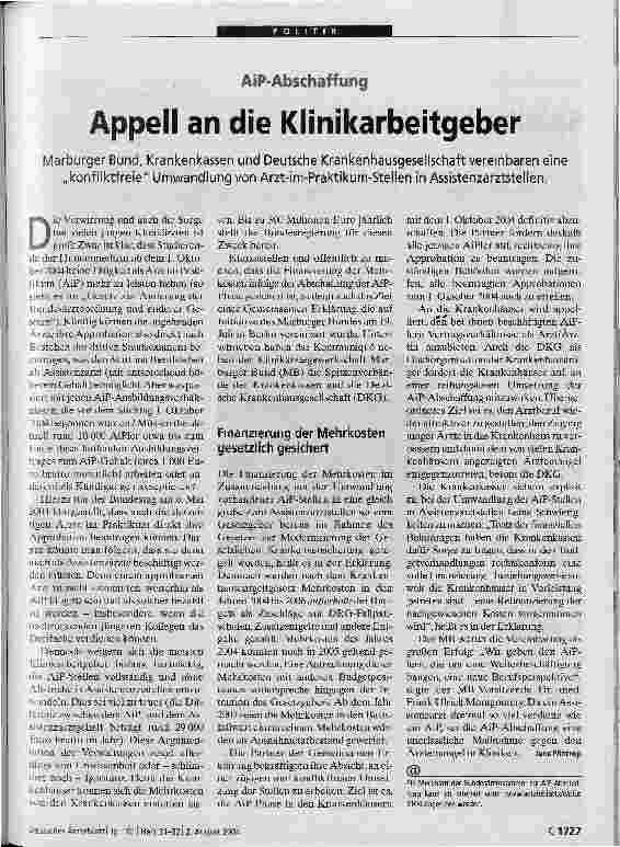 Vorschauseite 1: Appell an die Klinikarbeitgeber