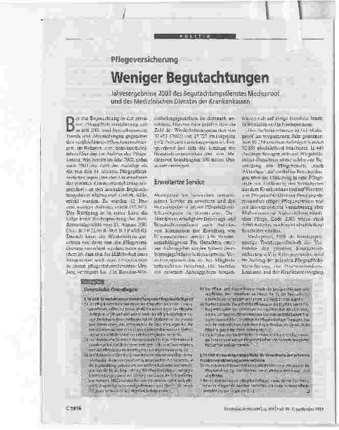 Vorschauseite 1: Weniger Begutachtungen. Pflegeversicherung