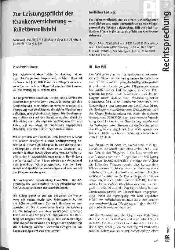 Vorschauseite 1: Zur Leistungspflicht der Krankenversicherung -Toilettenrollstuhl