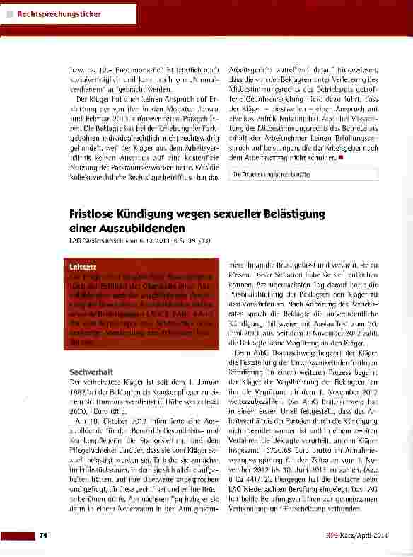 Vorschauseite 1: Fristlose Kündigung wegen sexueller Belästigung einer Auszubildenden