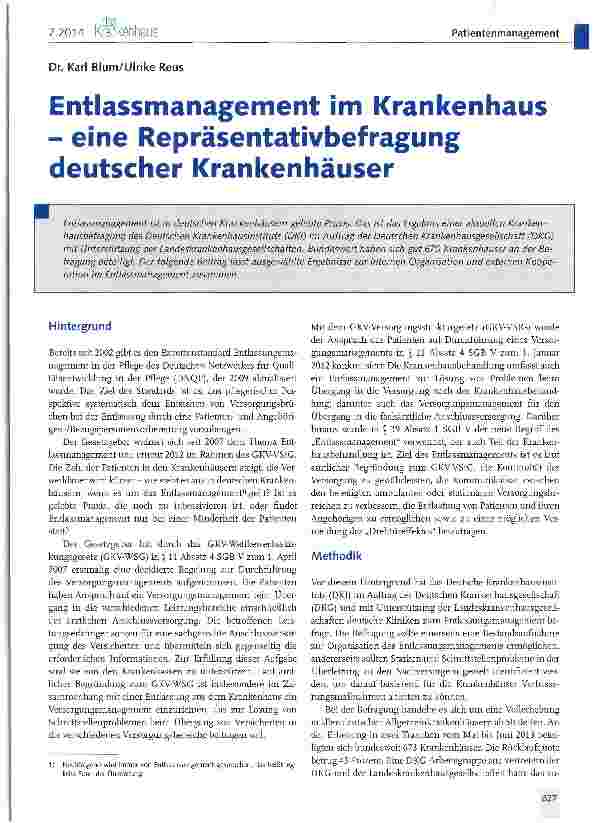 Vorschauseite 1: Entlassmanagement im Krankenhaus - eine Repräsentativbefragung deutscher Krankenhäuser