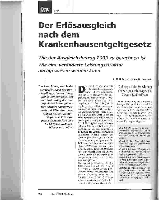 Vorschauseite 1: Der Erlösausgleich nach dem KrankenhausentgeltgesetzWie der Ausgleichsbetrag 2003 zu berechnen istWie eine veränderte Leistungsstruktur nachgewiesen werden kann
