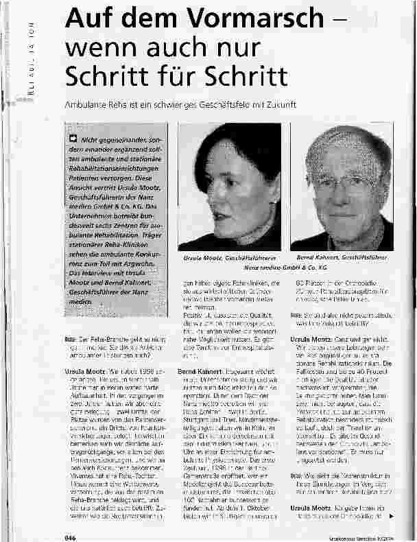 Vorschauseite 1: Auf dem Vormarsch -wenn auch nur Schritt für SchrittAmbulante Reha ist ein schwieriges Geschäftsfeld mit Zukunft