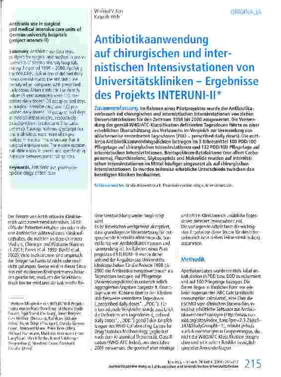 Vorschauseite 1: Antibiotikaanwendung auf chirurgischen und internistischen Intensivstationen von Universitätskliniken - Ergebnisse des Projekts INTERUNI-II*