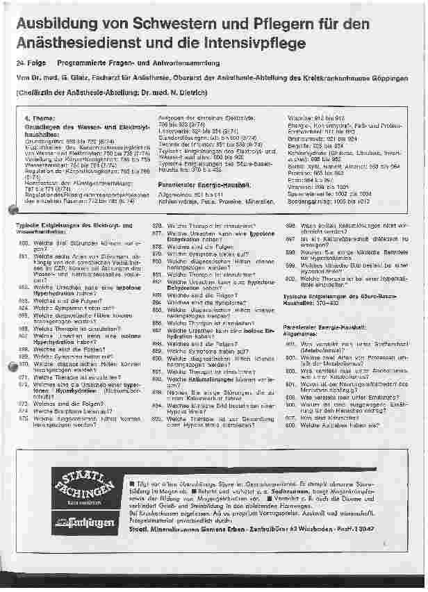 Vorschauseite 1: Ausbildung von Schwestern und Pflegern für den Anästhesiedienst und die Intensivpflege // Programmierte Fragenund Antwortsammlung